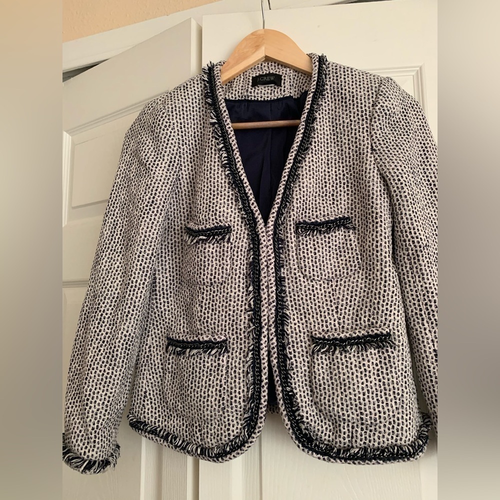 J-Crew tweed fringed blazer
